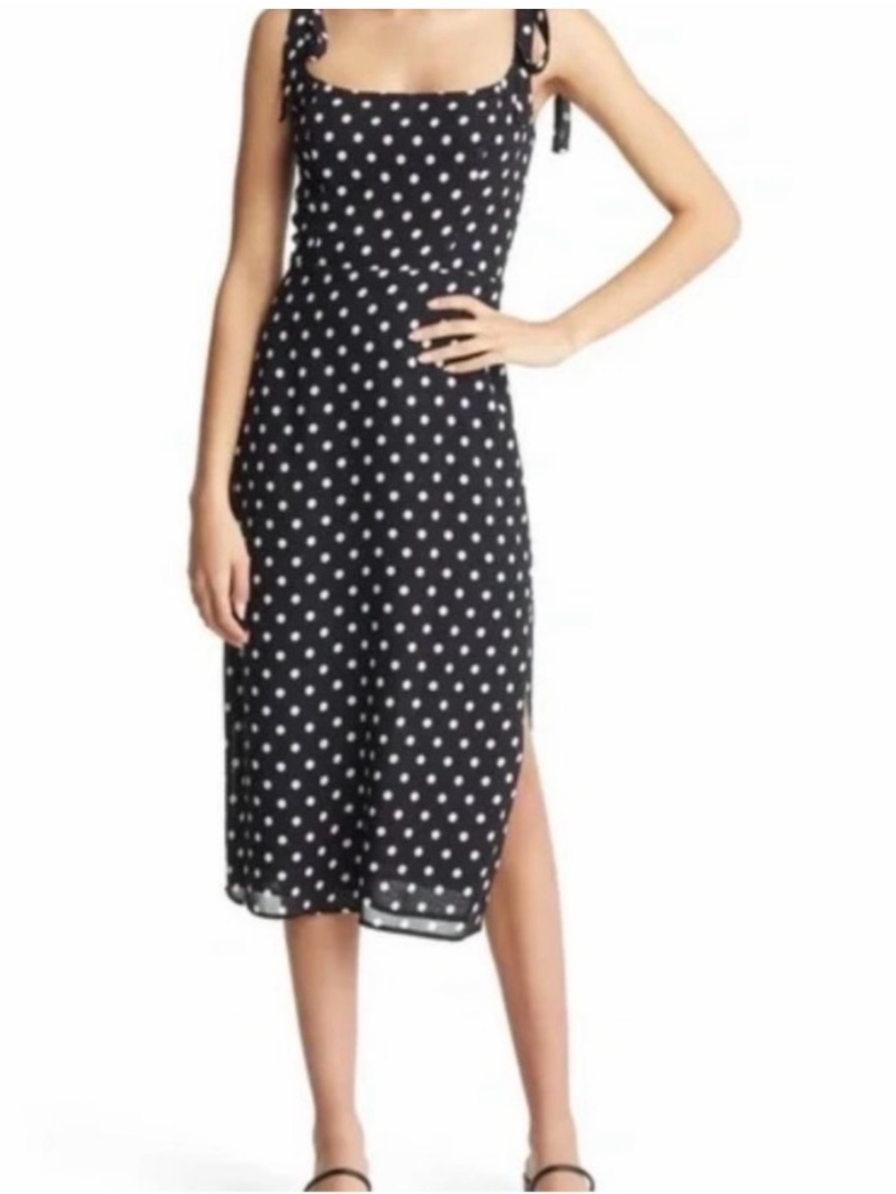 Black Polka Dot Tie-Strap Midi Dress